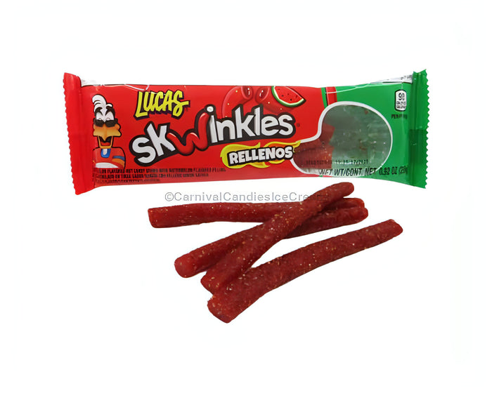 Lucas Skwinkles Rellenos Watermelon, spicy watermelon candy with tamarind filling, 12 count pack, Mexican candy.
