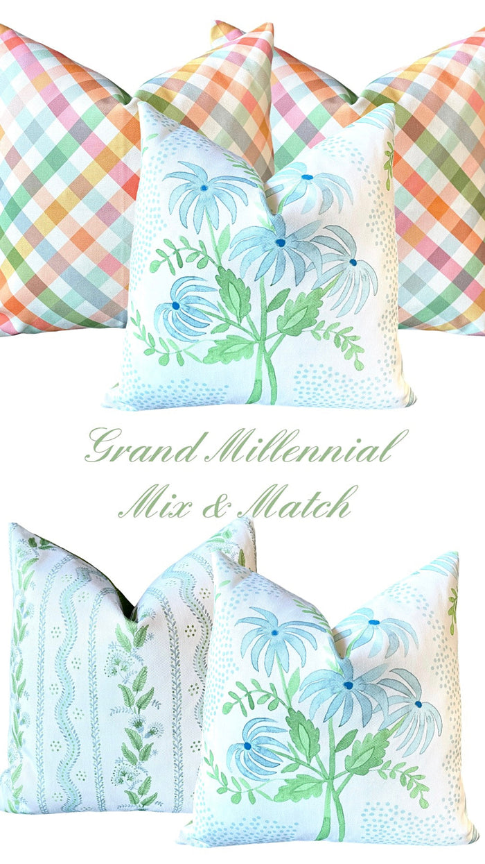 Marietta: Floral Vines Pillow Cover in Light Blue and Green / Grandmillenial Pillows - Annabel Bleu