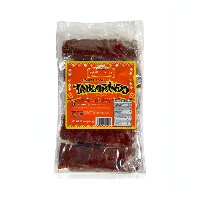 Moreliates Tablarindo fruit pulp bars pack, all natural sweet and spicy Mexican candy in bulk, coated with sugar and chili powder.