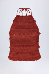 Ruffled High-Neck Backless Top in Burnt Red