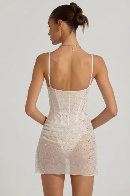 Semi-Sheer Embellished Draped Corset Mini Dress in White