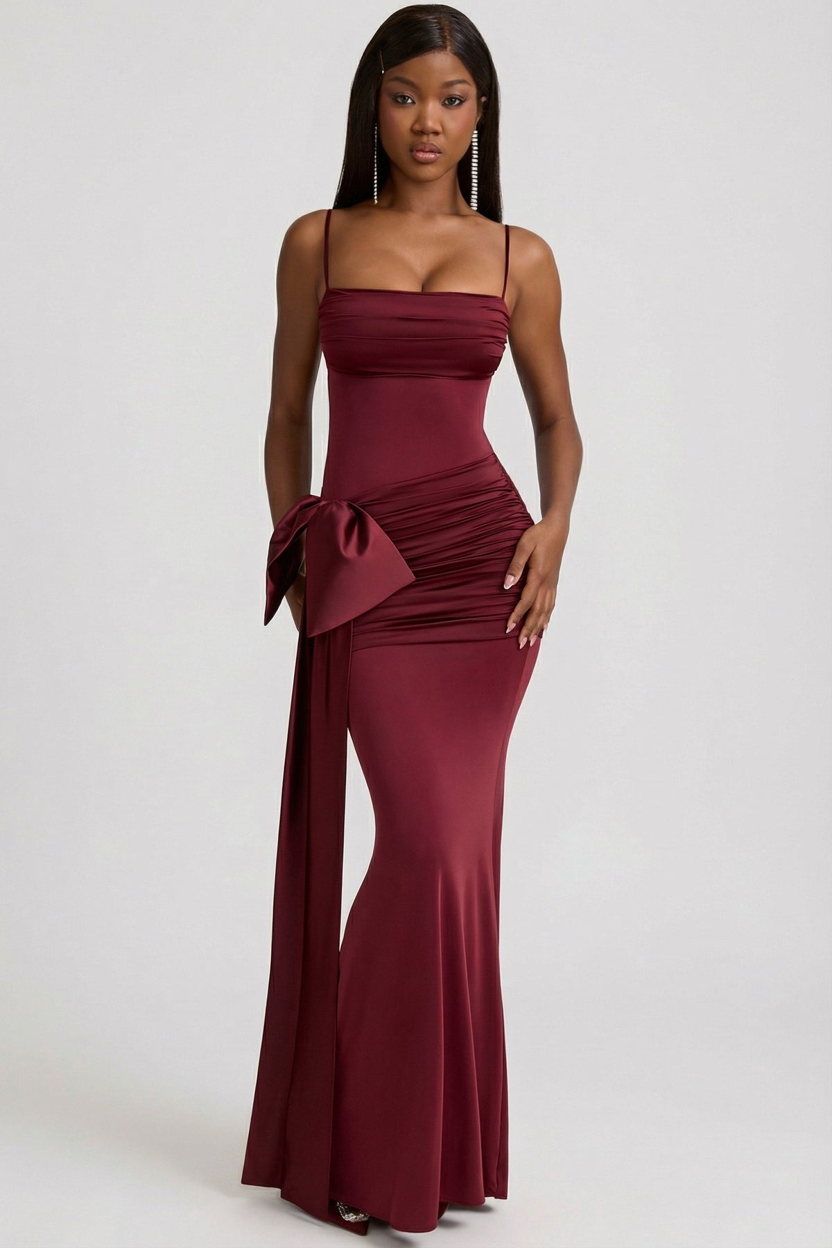 Bow-Detail Ruched Maxi Dress in Wine Red
