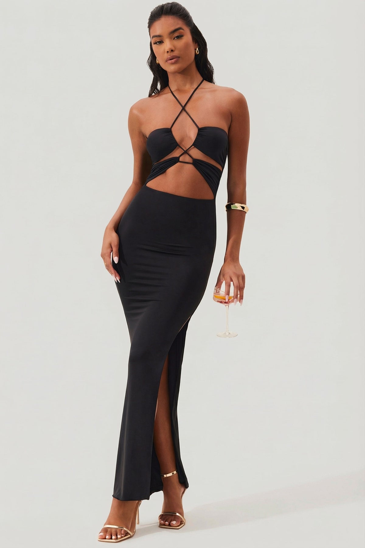 Cut Out Halter Neck Floor Length Maxi Dress in Black