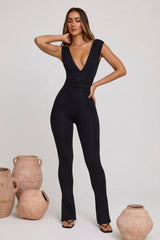 Plunge Neck Ruched Waist Jumpsuit in Black