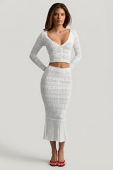 Ruffle-Trim Pointelle-Knit Midaxi Skirt in White