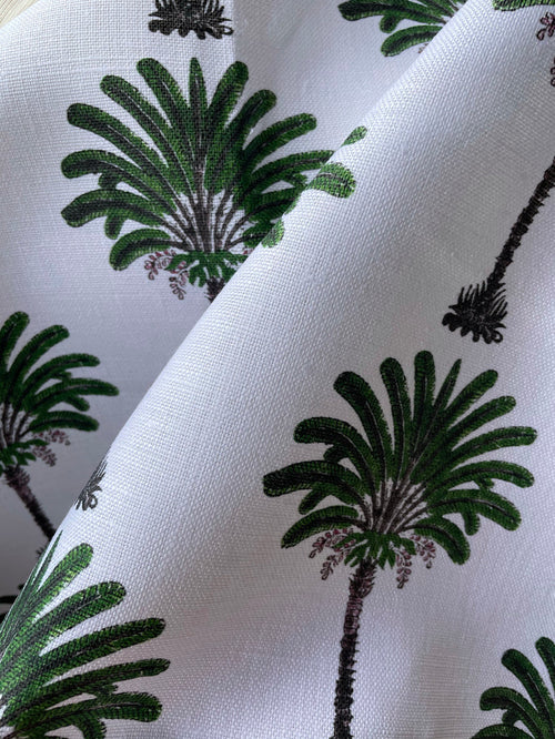 Olive Block Printed Palms on Belgian Linen / Home Decor and Upholstery Fabric by the Yard or Fat Quarter - Annabel Bleu