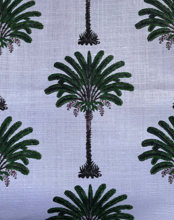 Olive Block Printed Palms on Belgian Linen / Home Decor and Upholstery Fabric by the Yard or Fat Quarter - Annabel Bleu