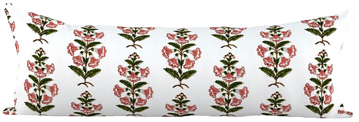 13x36 Extra Long Lumbar / Coral Pink with Dark Green Leaves