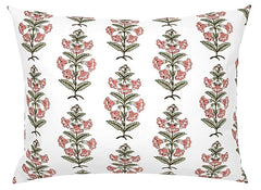 Coral Pink and Dark Green Petunia Block Printed Canvas Pillow Cover: Available in 10 Sizes - Annabel Bleu