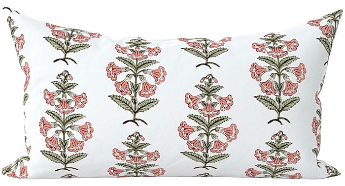 Coral Pink and Dark Green Petunia Block Printed Canvas Pillow Cover: Available in 10 Sizes - Annabel Bleu