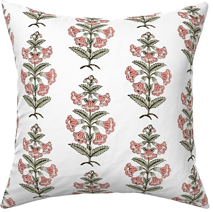 Coral Pink and Dark Green Petunia Block Printed Canvas Pillow Cover: Available in 10 Sizes - Annabel Bleu