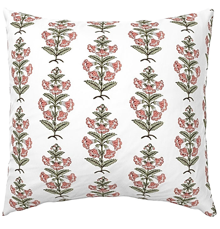 Coral Pink and Dark Green Petunia Block Printed Canvas Pillow Cover: Available in 10 Sizes - Annabel Bleu