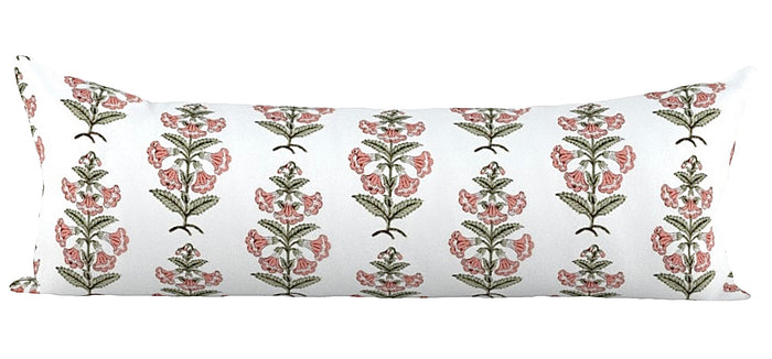 Coral Pink and Dark Green Petunia Block Printed Canvas Pillow Cover: Available in 10 Sizes - Annabel Bleu