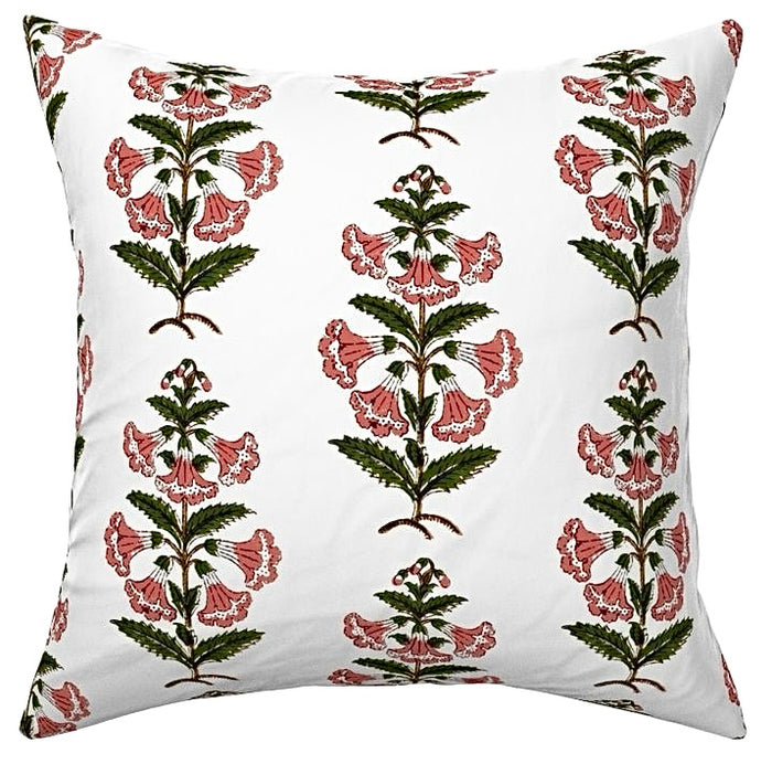Coral Pink and Dark Green Petunia Block Printed Canvas Pillow Cover: Available in 10 Sizes - Annabel Bleu