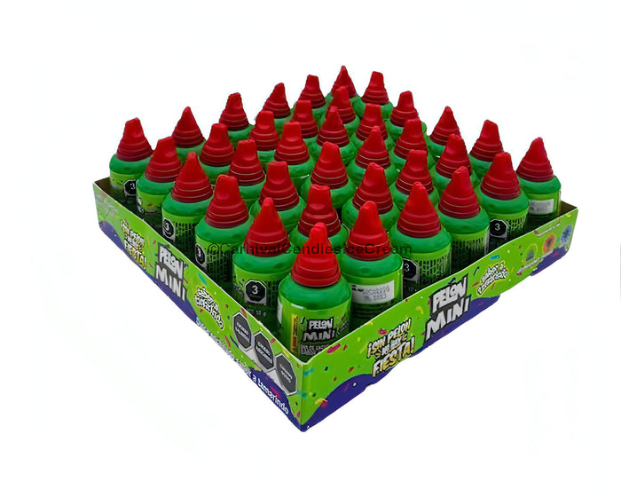 Pelon Mini tamarind candy display, bulk Mexican candy with sweet, spicy, and tangy flavor in vibrant green containers.