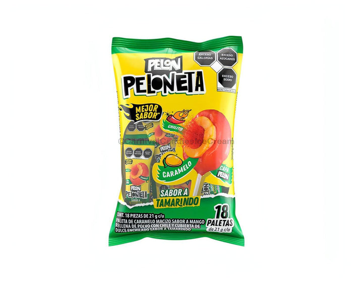 Pelon Peloneta Tamarindo Lollipops bag, 18 count, featuring mango flavor and tangy chili surprise. Bulk Mexican candy treat.