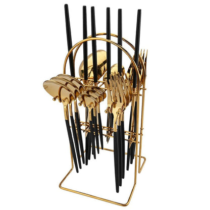 Personalized Luxury Dining Cutlery Set with Golden Rack - Knife, Fork, and Spoon Flatware