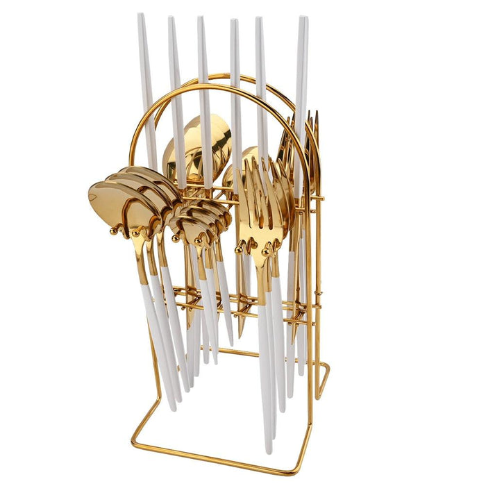 Personalized Luxury Dining Cutlery Set with Golden Rack - Knife, Fork, and Spoon Flatware