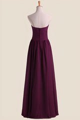 Strapless Grape Pleated Chiffon A-line Long Bridesmaid Dress