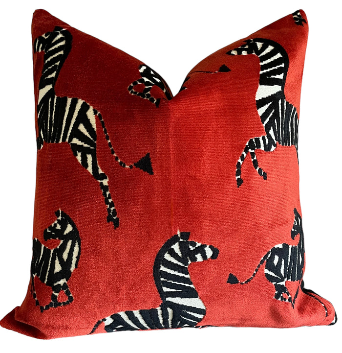 Red Zebra Cut Velvet Pillow Cover - Annabel Bleu