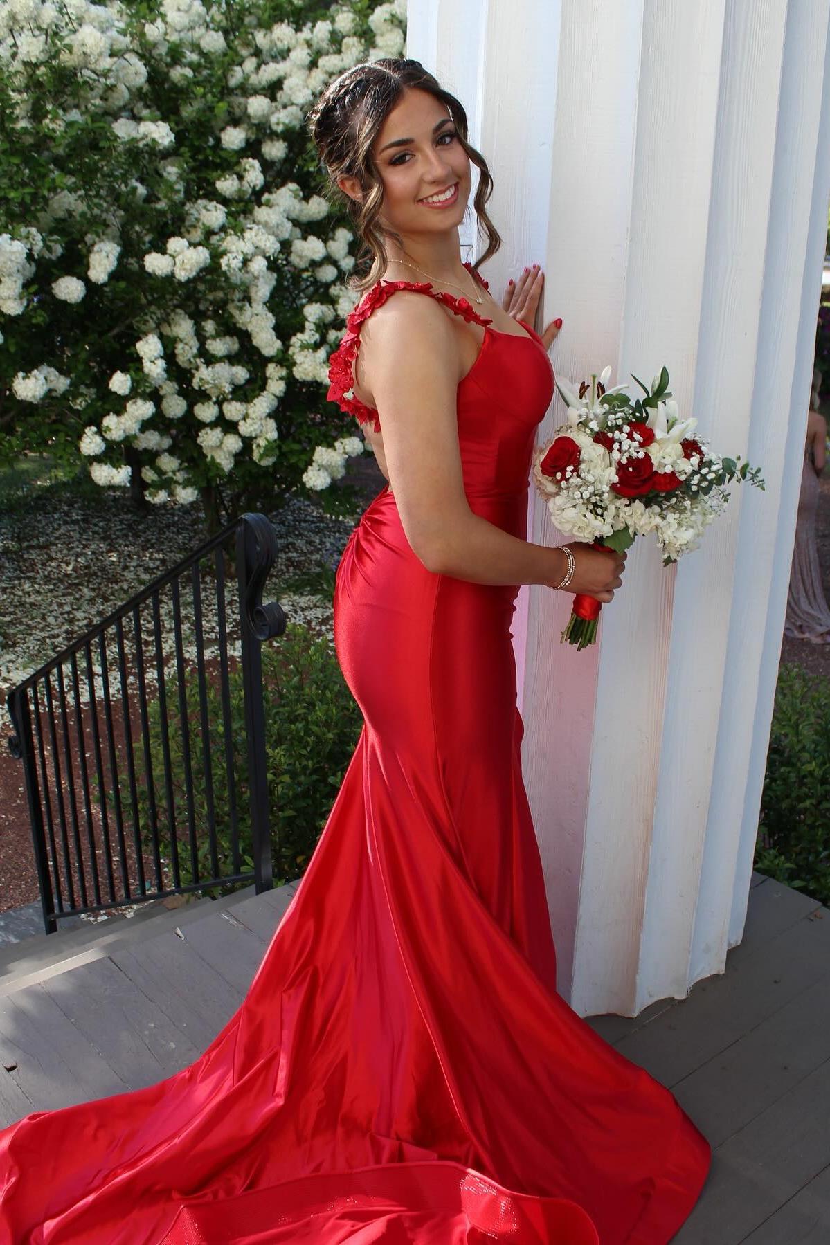 Flowers Straps Fuchsia Satin Mermaid Formal Dress