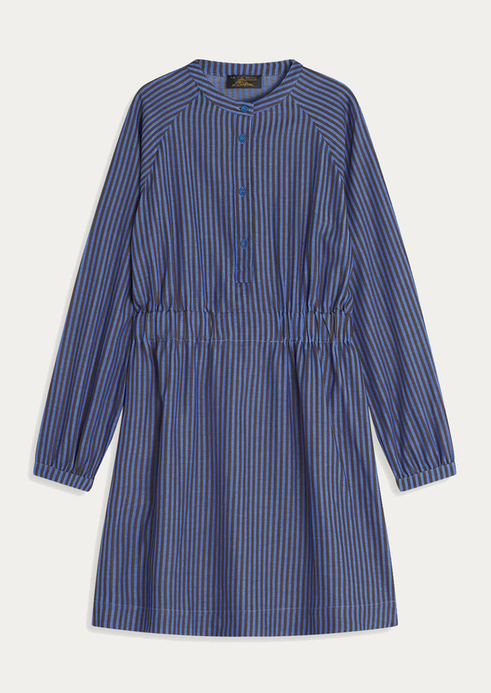 A long sleeved short dress in blue and brown vertical stripe pattern.