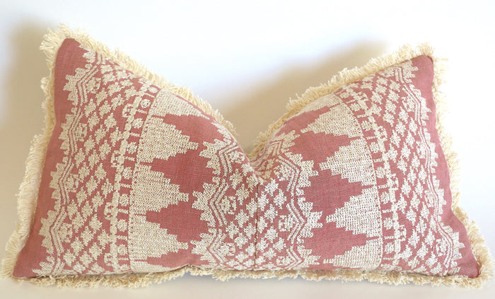 Rose Embroidered Schumacher Pillow Cover with Cream Fringe - Annabel Bleu