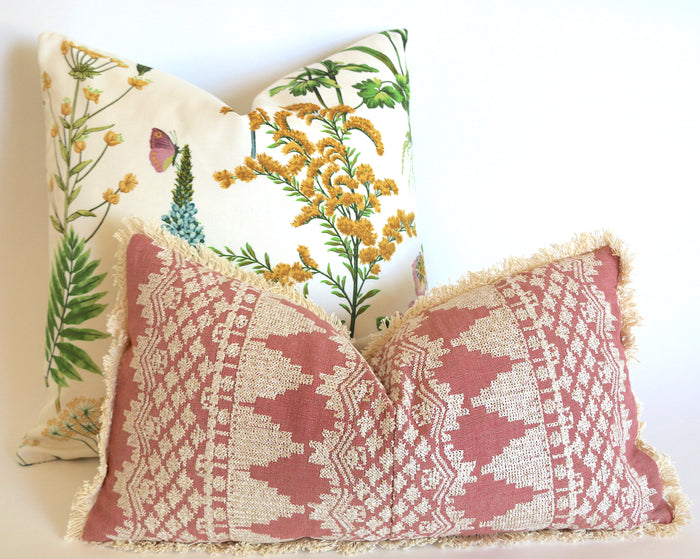Rose Embroidered Schumacher Pillow Cover with Cream Fringe - Annabel Bleu