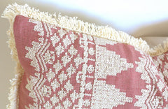 Rose Embroidered Schumacher Pillow Cover with Cream Fringe - Annabel Bleu
