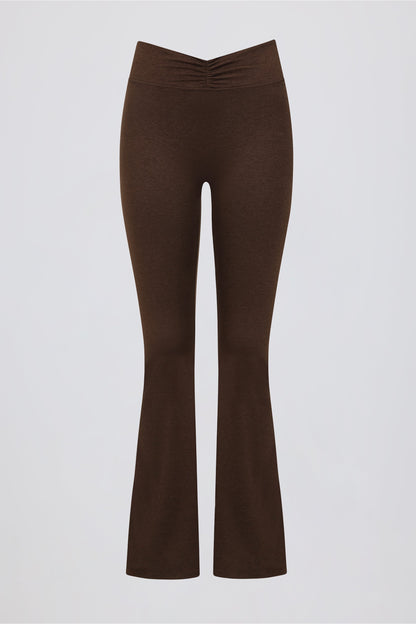 Brushed Jersey Ruched Flared Trousers in Pecan Marl