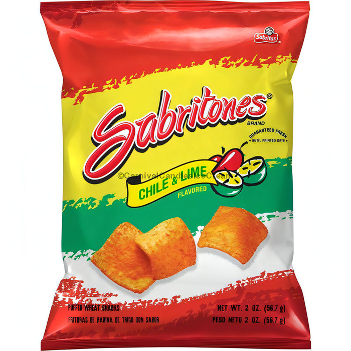 Sabritones Chili & Lime 2 Oz snack bag, crispy puffed wheat chips, Frito Lay bulk chips case, zesty chili and lime flavor.