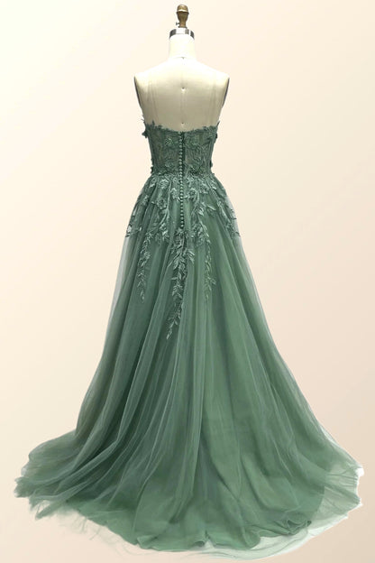 Green Floral Embroidery Strapless A-line Formal Dress