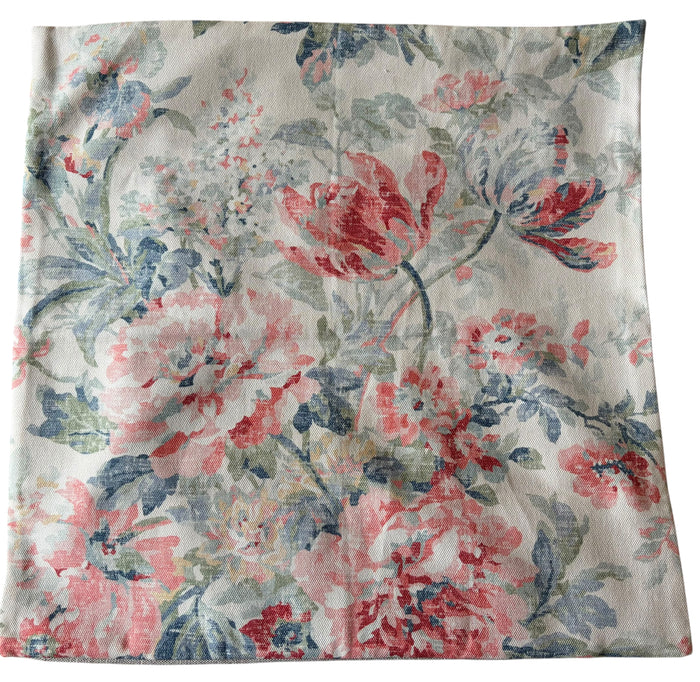 Sale: 22x22” Blue, Coral, and Grey Floral Pillow Cover - Annabel Bleu