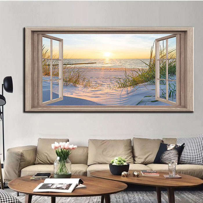 Seaside Escape: Window View of Breathtaking Beach and Sunset