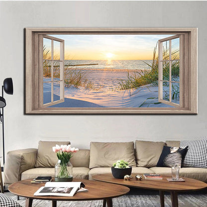 Seaside Escape: Window View of Breathtaking Beach and Sunset