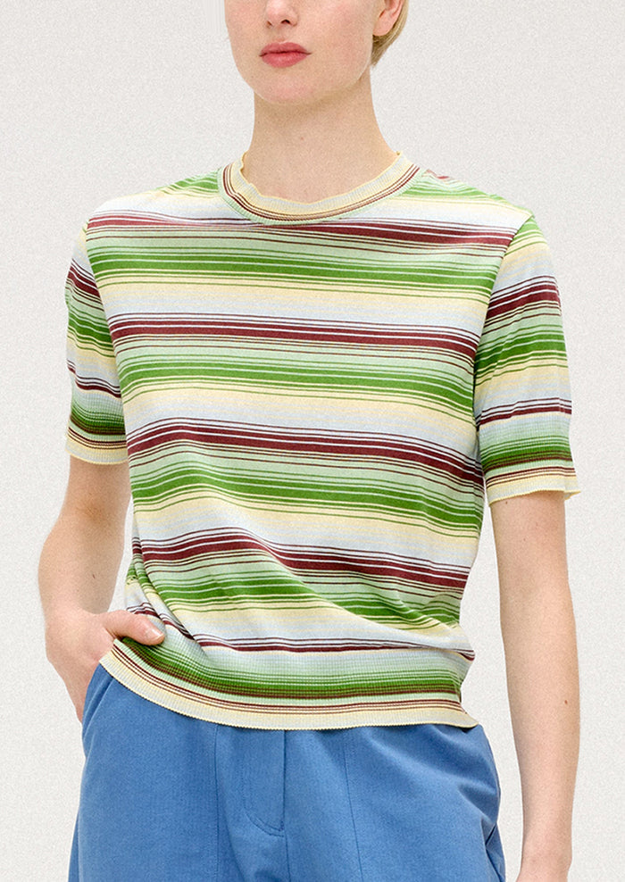 A person wearing a knit t-shirt with multi stripe pattern in green, cream and brown.