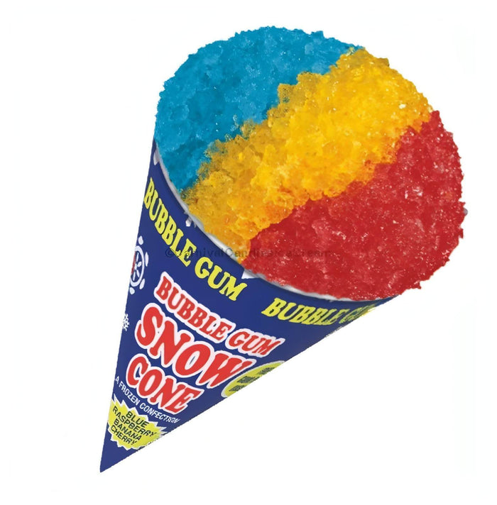 Colorful snow cone featuring bubble gum flavors in blue, yellow, and red, perfect for summer treats and cravings.