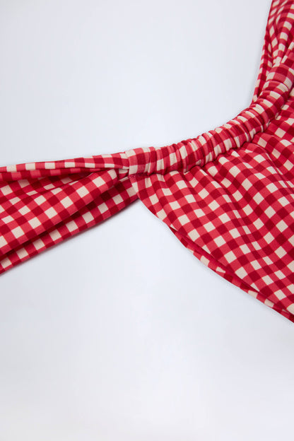 Ruched Thong Bikini Bottoms in Red Gingham