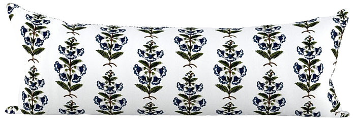 13x36 Extra Long Lumbar / Navy Blue with Dark Olive Leaves