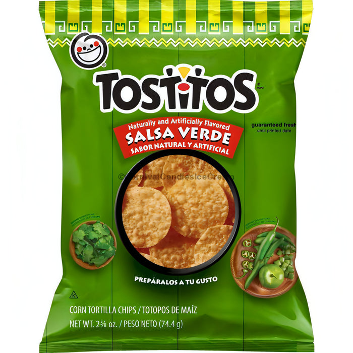 Tostitos Salsa Verde tortilla chips bag with green salsa and ingredients, ideal for dipping and enjoying with Frito Lay bulk chips.