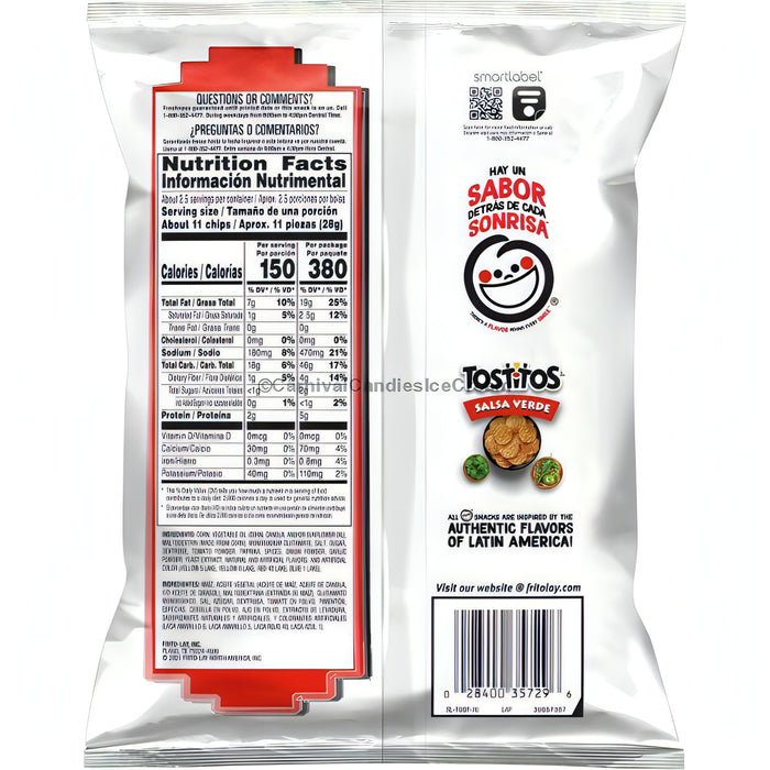 Tostitos Salsa Verde nutrition facts label showcasing ingredients and serving size, perfect for Frito Lay bulk chips case.