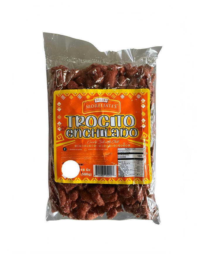 Trocito Enchilado bulk Mexican candy in a colorful package, featuring a spicy and salty fruit pulp treat.