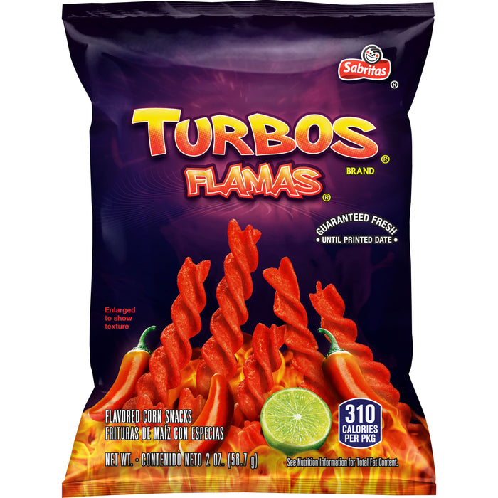 Turbos Flamas 2 Oz bag, spicy twisted corn chips by Sabritas, perfect for sharing or snacking, frito lay bulk chips case.