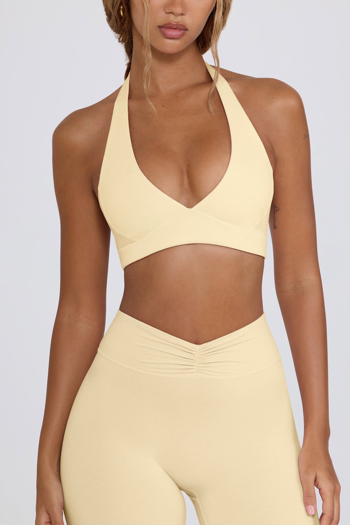 Brushed Jersey V-Neck Sports Bra in Lemon Marl