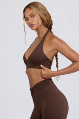Brushed Jersey V-Neck Sports Bra in Pecan Marl