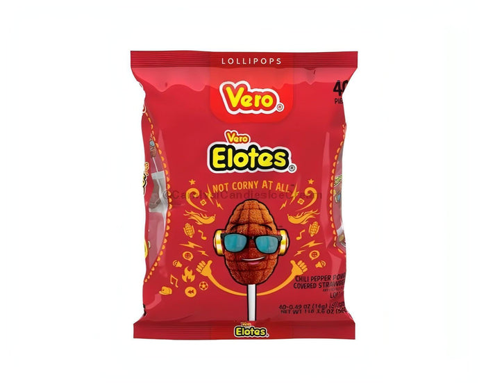 Vero Elote Mexican candy lollipop package featuring strawberry flavor and chili coating, 40 count.