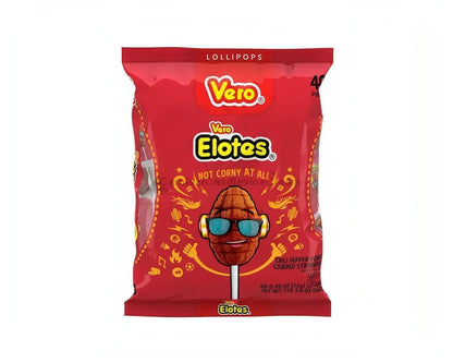 Vero Elote Mexican candy lollipop package featuring strawberry flavor and chili coating, 40 count.